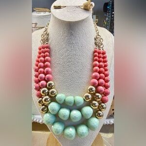 Elegant Statement Beaded Faceted Pink/Mint Green Necklace w/Gold Accents
